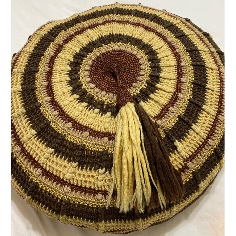 Crocheted Throw Pillow MCM Browns Beige Vtg 70s Look Round Meditation - Picture 8 of 10